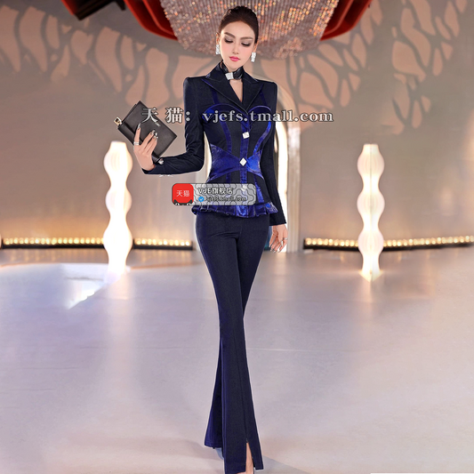VJE  Denim Suit Single-Breasted Suit Micro Flared Pants Two-Piece Set - GOYA.