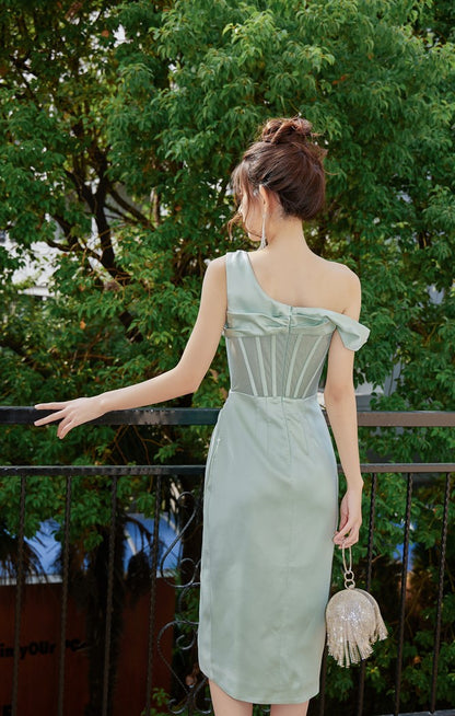 DOLLY Elegant French Style Herringbone One Shoulder Irregular Hem Dinner Dress-SALOMI