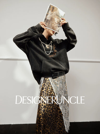 DGU×LAB "Moye" retro black sweatshirt  leopard tail print commuter top - TINK
