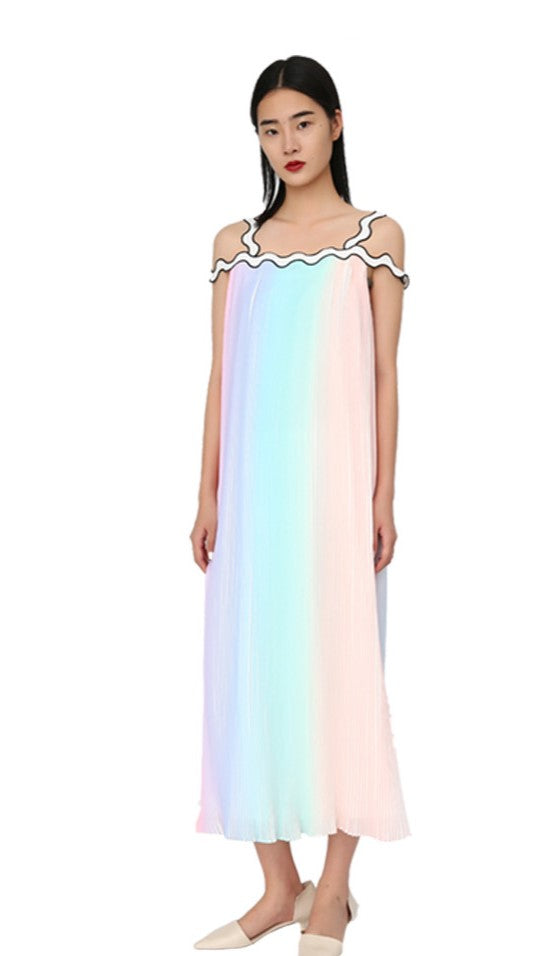 YES BY YESIR pressed pleated long pastel ombre flowy dress- Ye Qian.