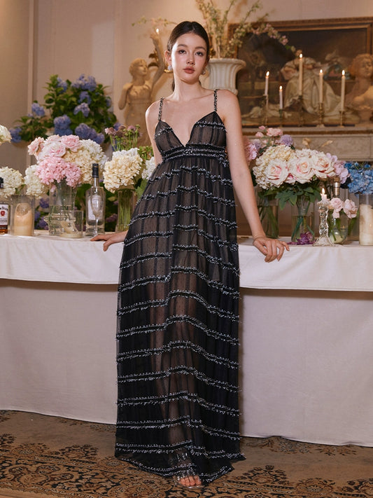 Wardrobes by Chen Elegant Black Retro V-Neck Long Sequin Resort Dress-Shen