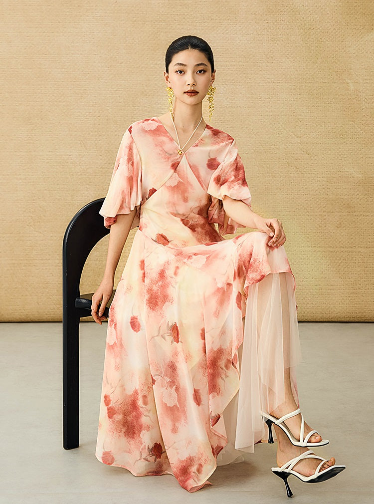 HECO Chinese Floral V-neck Asymmetric Hem Long Dress - DOMINION.