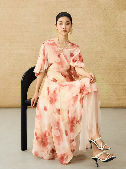 HECO Chinese Floral V-neck Asymmetric Hem Long Dress - DOMINION.