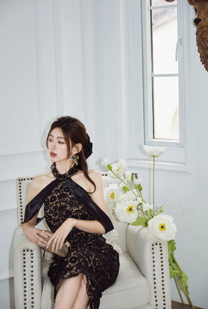 DOLLY Luxury Black Lace Sleeveless Halter Neck Slim Fit Midi Formal Dinner Dress-ANGELA