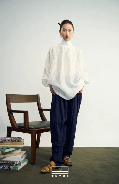 TUYUE White Linen Stand Collar Puff Sleeve Loose Silhouette Top-EVE