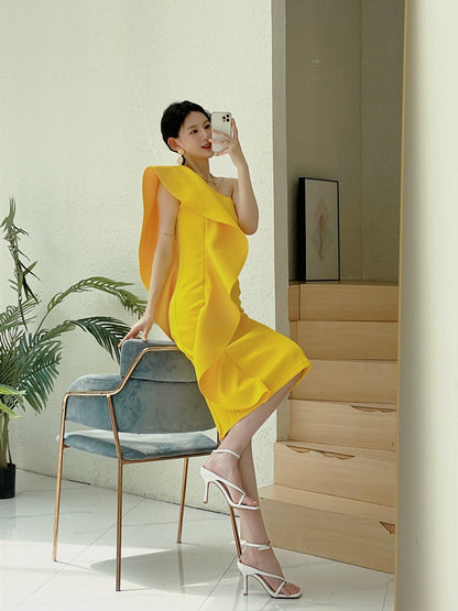 DOLLY Luxury French Style Ruffle One Shoulder Hip Hug Midi Dinner Dress-JEHO