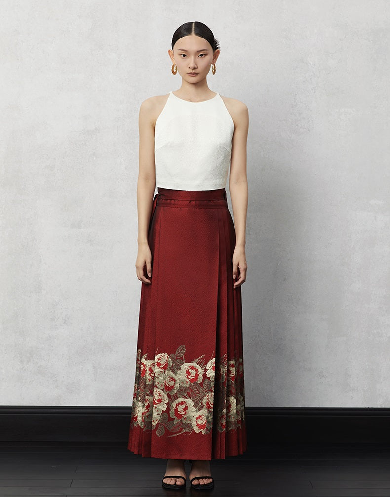 HECO Woven Gold Pattern Blue Horse Face Pleated High Waisted Skirt - tech.