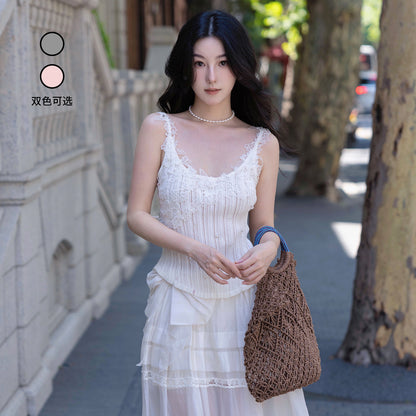 FAME lace-style spliced knitted vest suspender underwear top - PRECIOUS