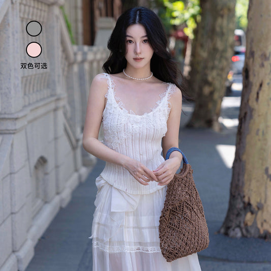 FAME lace-style spliced knitted vest suspender underwear top - PRECIOUS