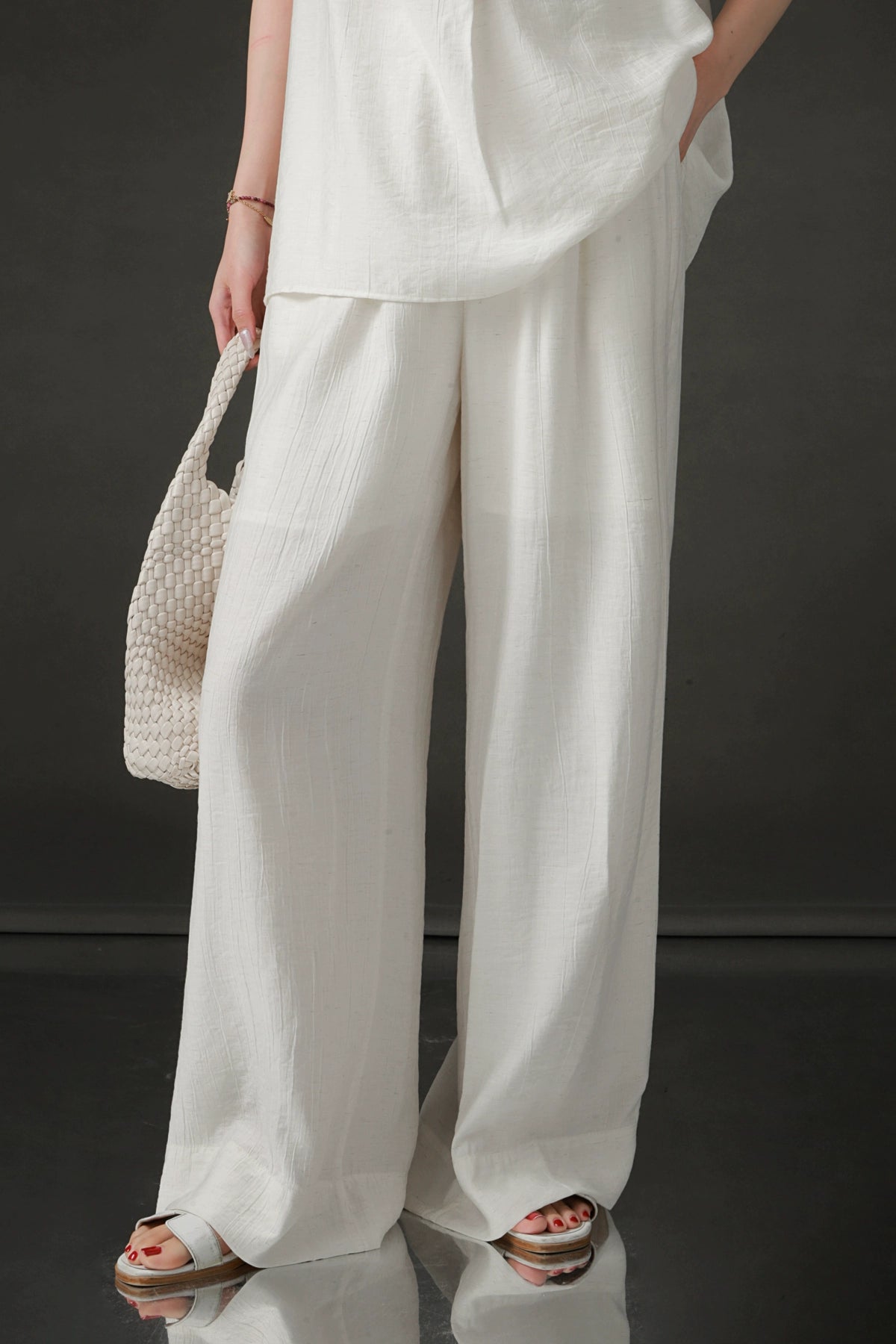 PIAOIN texture linen silk stand up collar sleeveless t-shirt women's straight pants - ARIA