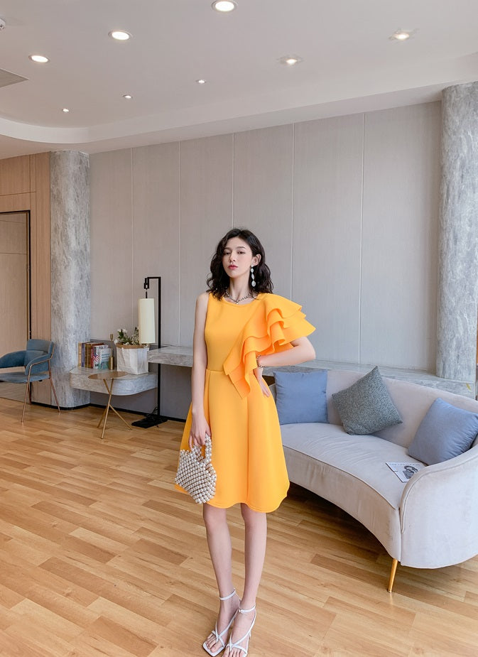 DOLLY Luxury Retro Style Crew Neck One Shoulder Ruffle Sleeves Midi Office Dress-CLAUDI