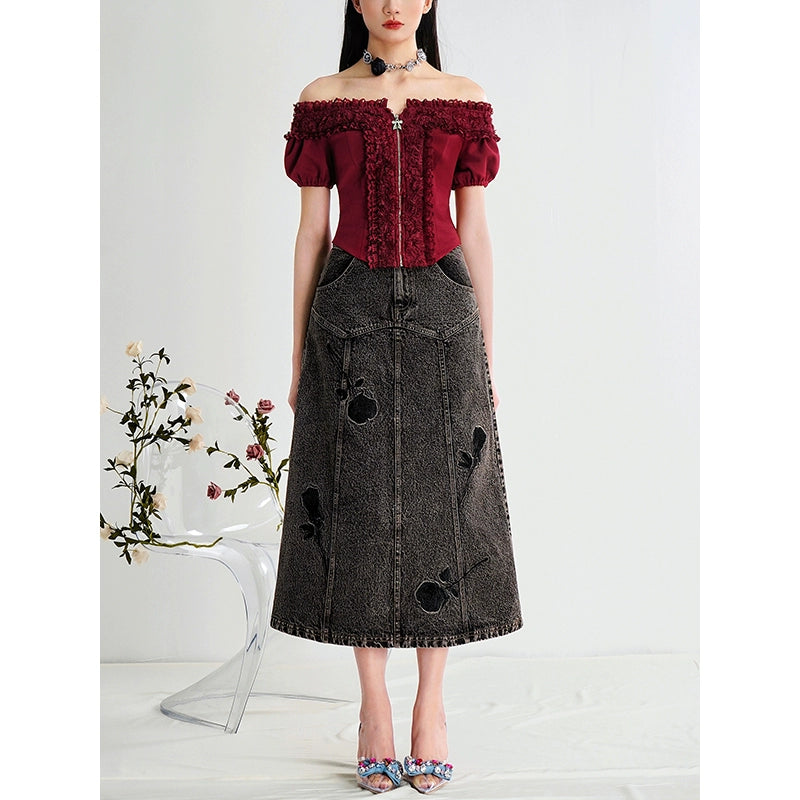 CHECOCRE Chic Stubble Fashion Temperament Embroidered Denim Skirt - FLUTTER