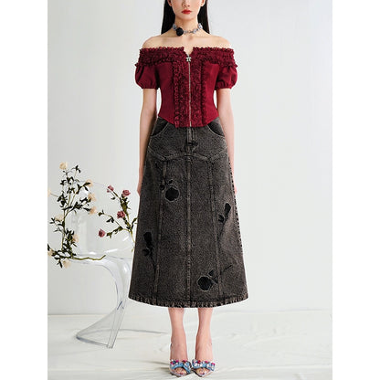 CHECOCRE Chic Stubble Fashion Temperament Embroidered Denim Skirt - FLUTTER