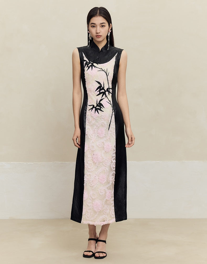 HECO Embroidered Acetate Cheongsam Sleeveless Midi Dress - what.