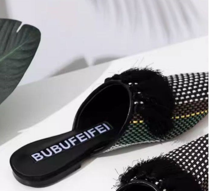 B-FEI  woven black tassel flat mules-DERY.