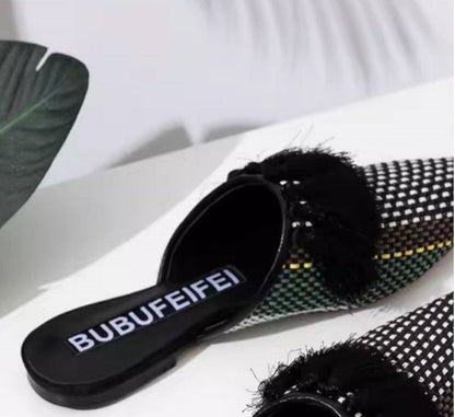 B-FEI  woven black tassel flat mules-DERY.