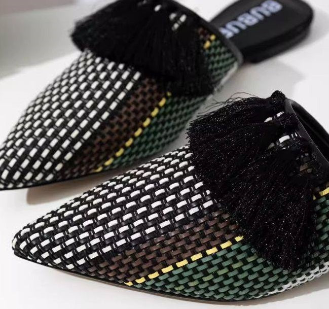 B-FEI  woven black tassel flat mules-DERY.