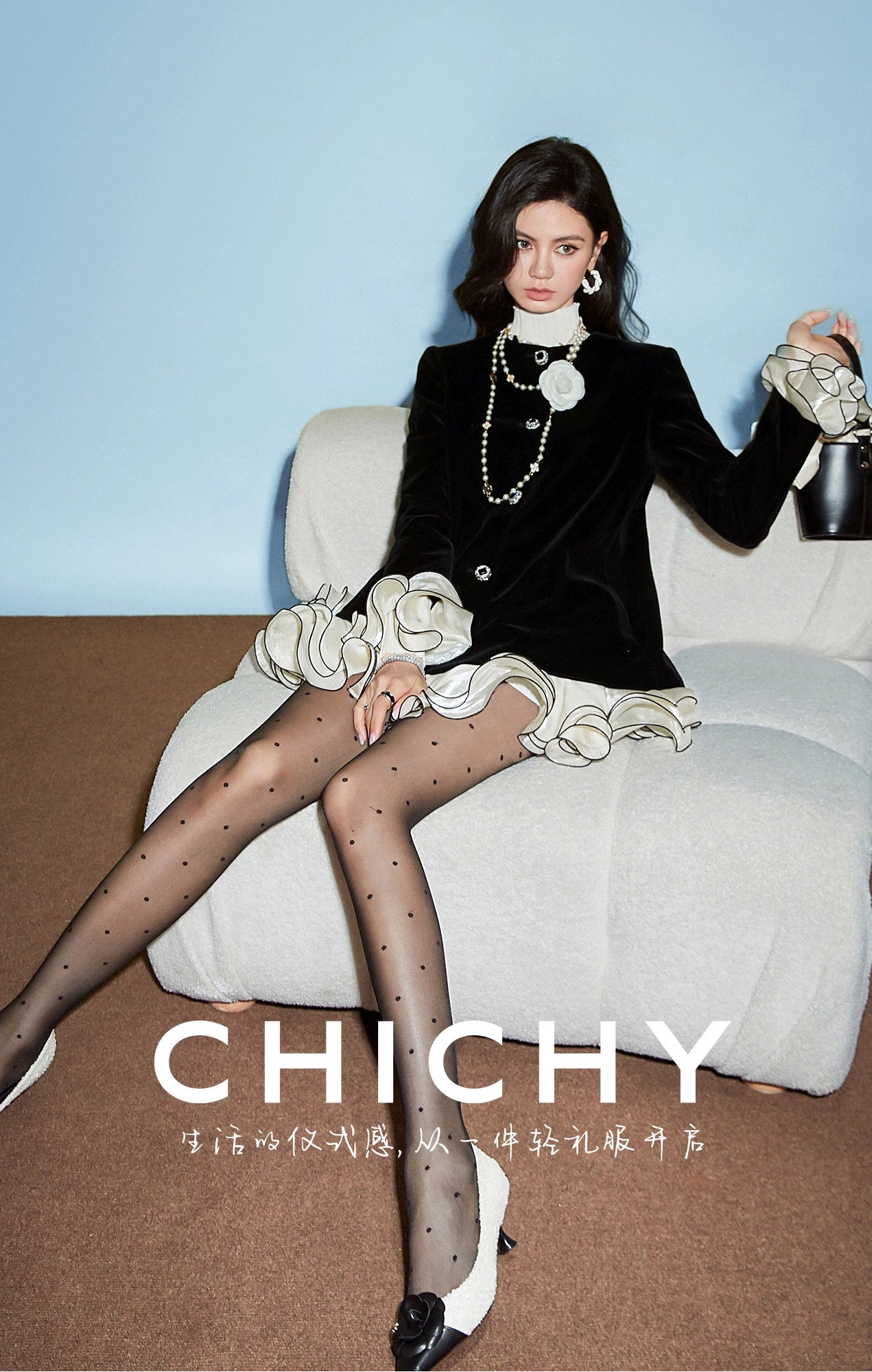 CHICHY French fragrance black velvet chic foreign ruffle jacket-MARY