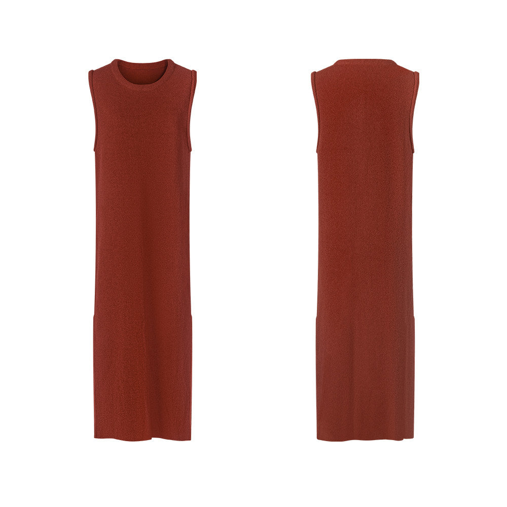 TUYUE Simple and elegant knitted crew neck sleeveless double slit dress- BRONU.