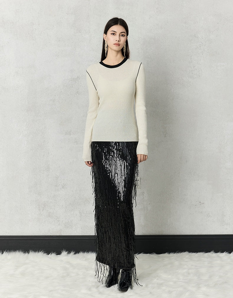 HECO 100% polyester Silver Black Sequins High Waist Slim Skirt Woman - sun.