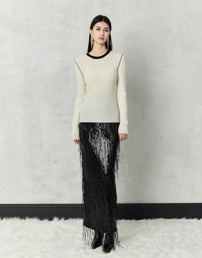 HECO 100% polyester Silver Black Sequins High Waist Slim Skirt Woman - sun.