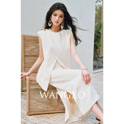 WANGXO Elegant Commuter-Style Diagonal Placket with Loose Pleated Slit Vest & Skirt Suit Set -NALA