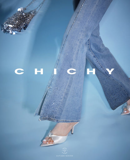 CHICHY French Ladies Blue High-Waisted Hot Diamond Slit Micro Flared Pants-MIJI
