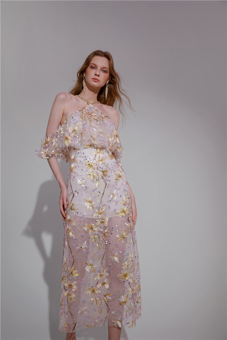 Wardrobes by Chen Elegant wedding guest Halter Sleeveless Lace bridal Dress- Megan