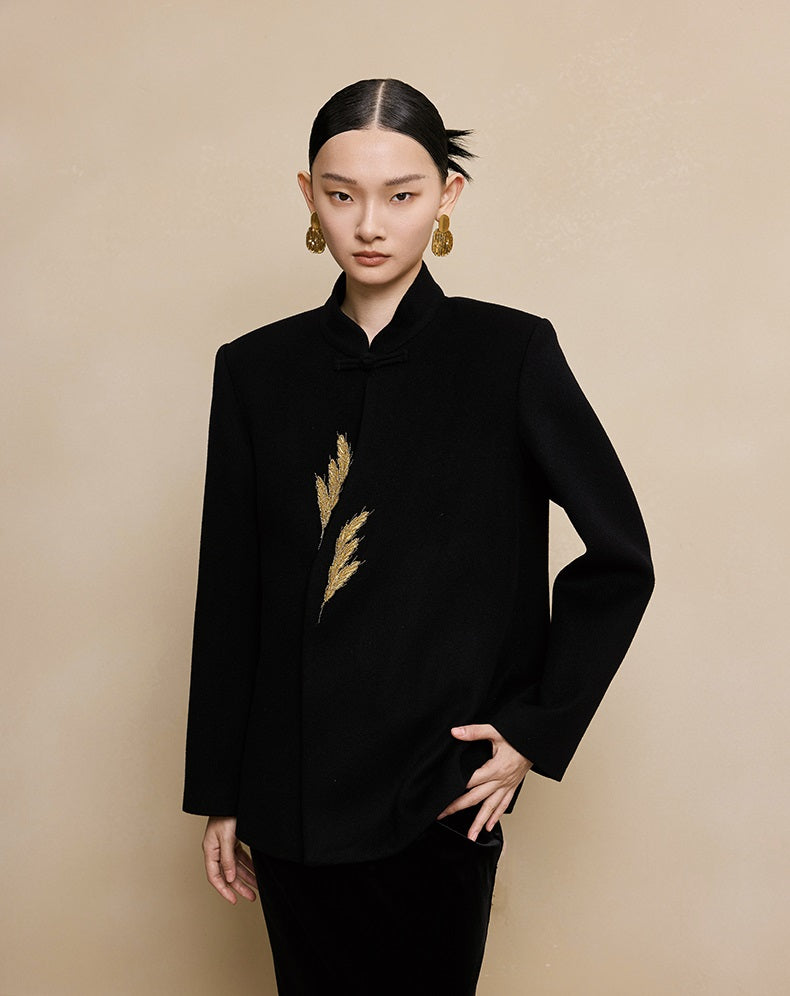 HECO New Wheat Ear Bead Embroidered Wool Tweed Jacket - care.