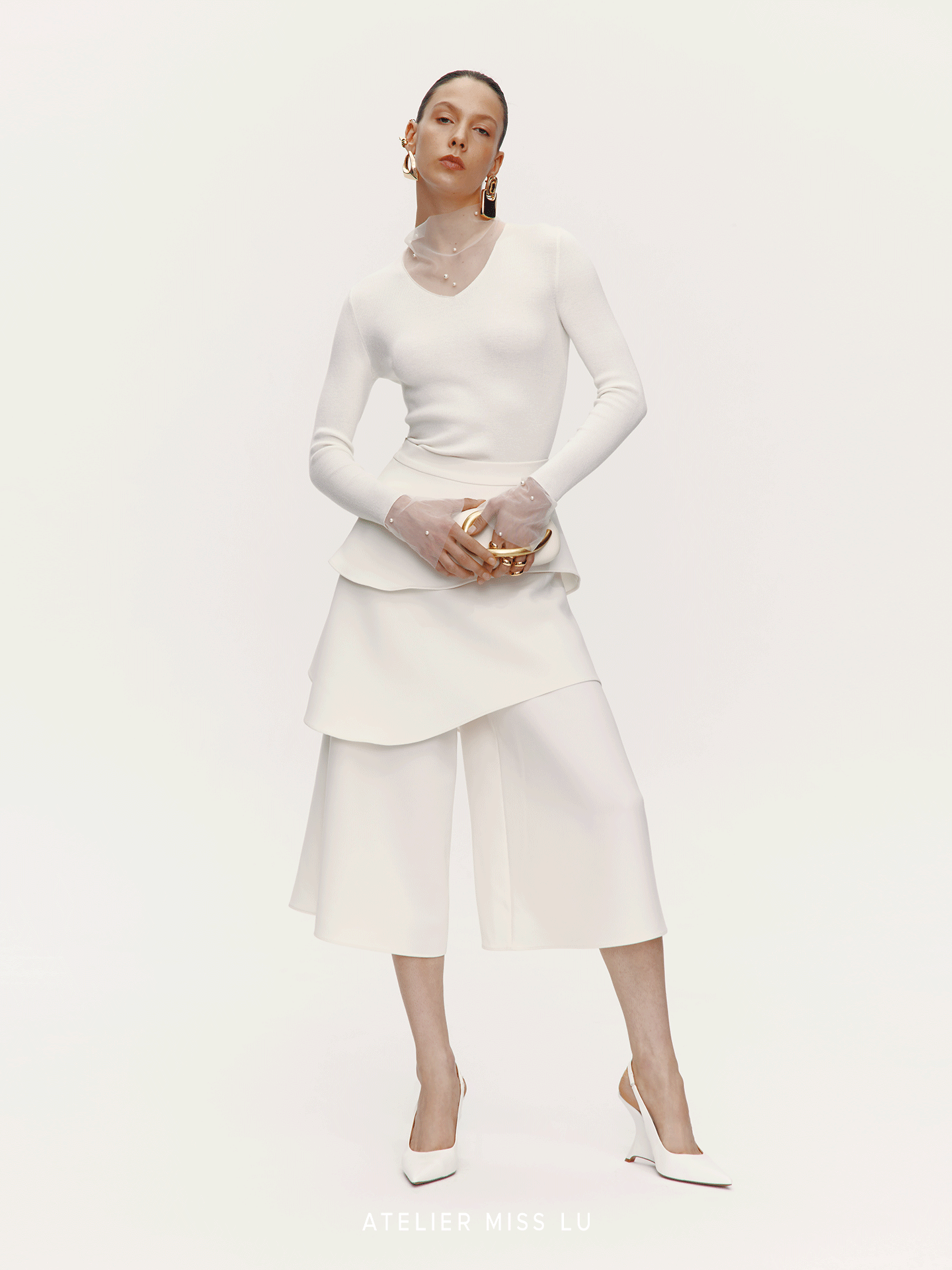 ATELIER MISS LU pearl embellished gauze patchwork knitted top - STRAD