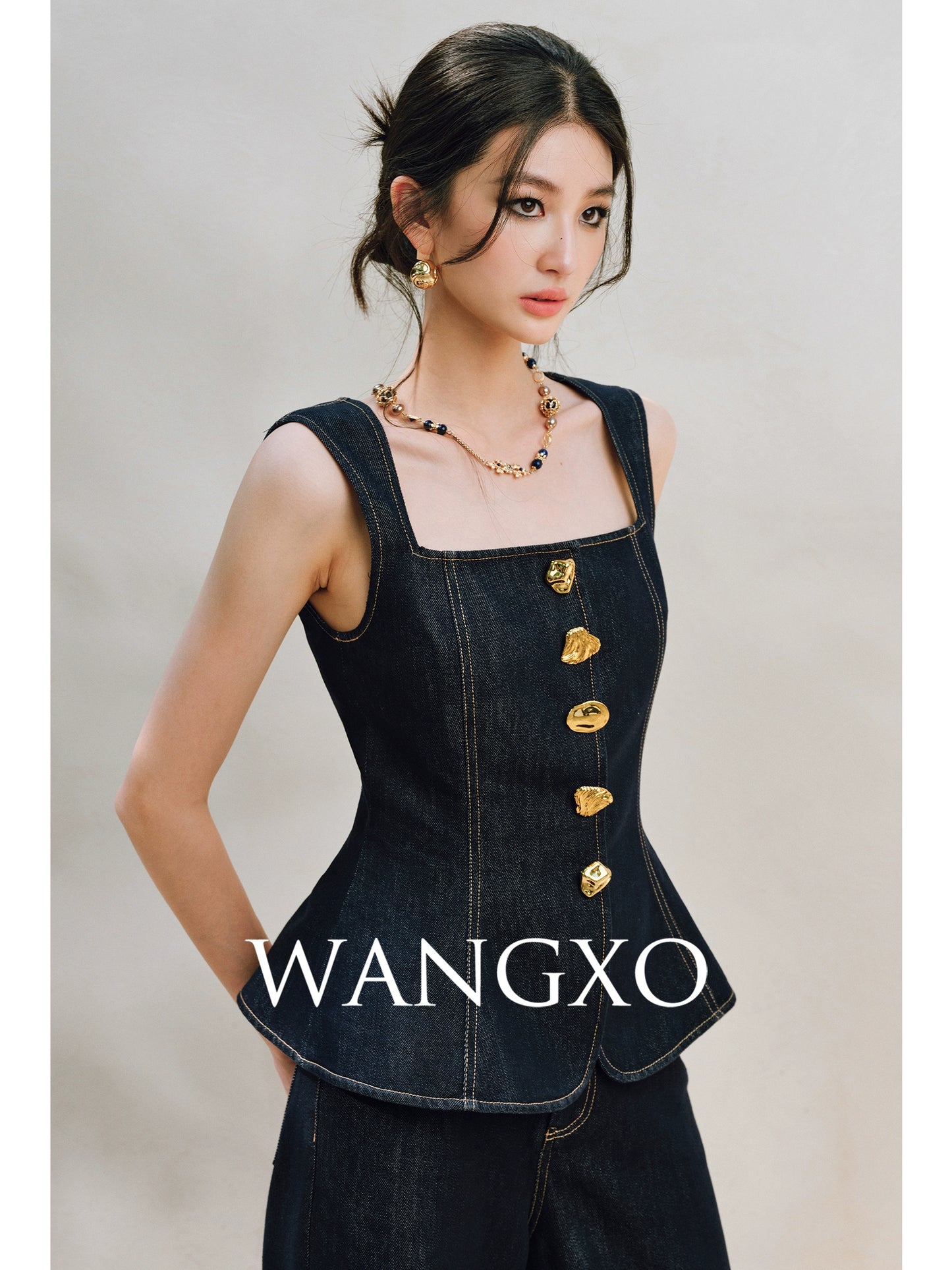 WANGXO | Light-Breathing Tencel Cotton Custom Metal Buckle Vest & Wide-Leg Pants Retro Denim Suit-YARA