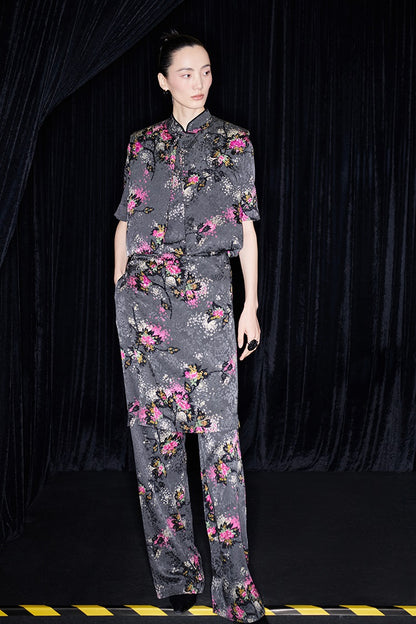 M essential Mackay designer cherry blossom print beads down short vest - LAND.