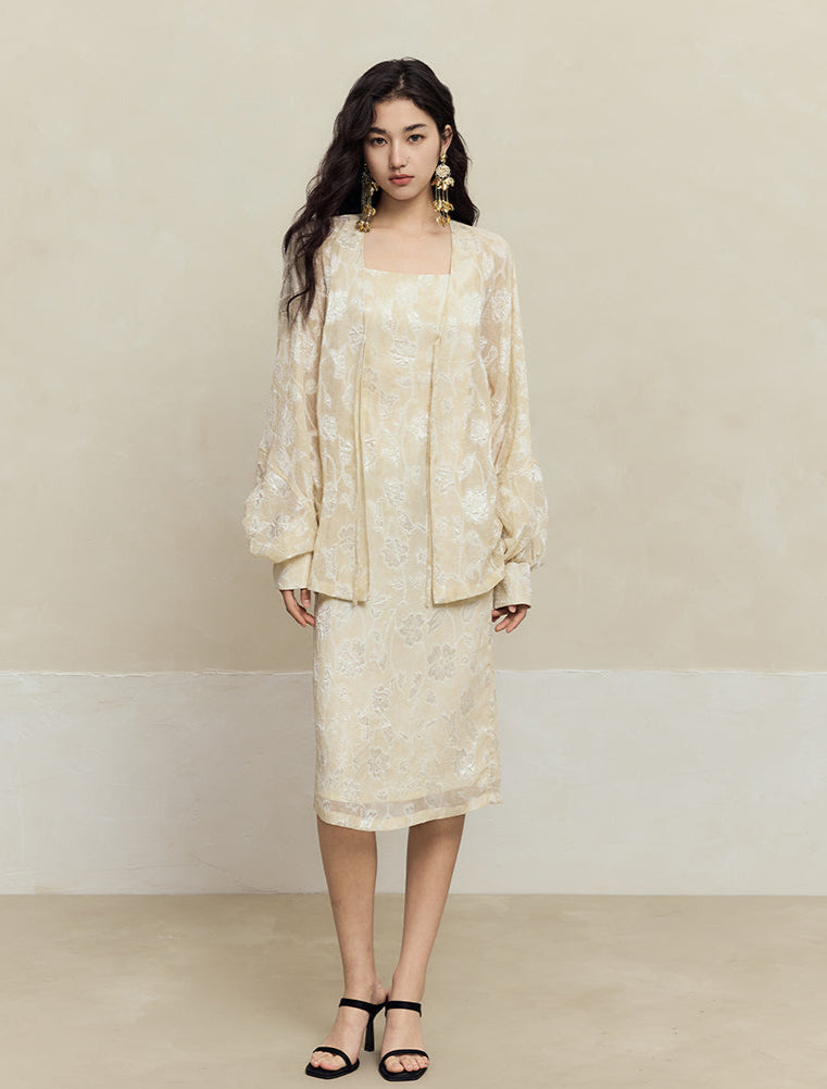 HECO Chiffon Bat Sleeve Dress Two-Piece Set for Women - clay.