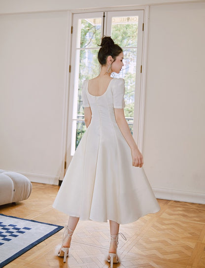 DOLLY Elegant Retro Square Neck Short Puff Sleeve Satin Long A-Line Dress-BAMBI