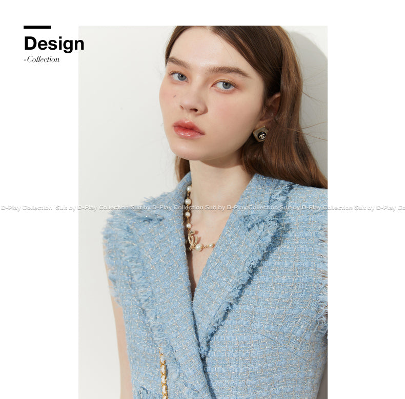 DPLAY fall Autumn Light Luxury Misty Blue Asymmetric Tweed Sleeveless Dress - Ray