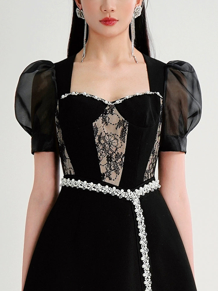 CHECOCRE Black Stubble Vintage Temperament Light Familiar Style Dress - JUSTIN