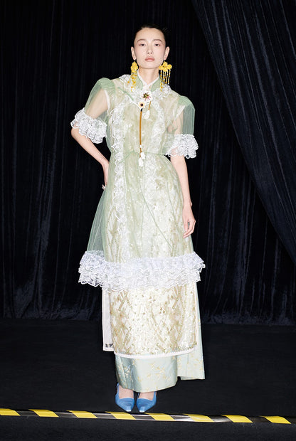 M essential Mackay designer Ear Mesh lace welt stand-up collar dress - DOUNT.