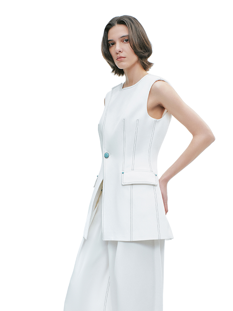 YES BY YESIR | Topstitched Denim Vest and Pant Suit Set - CYANNE.