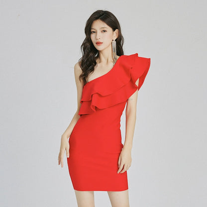 DOLLY High End Slant Collar Ruffled Of Shoulder Body Hug Short Formal Dress-ZENAIDA