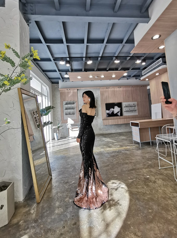 DOLLY High End Black Gold Chest Wrap Long Sleeve Off Shoulder Long Banquet Dress-KANTE