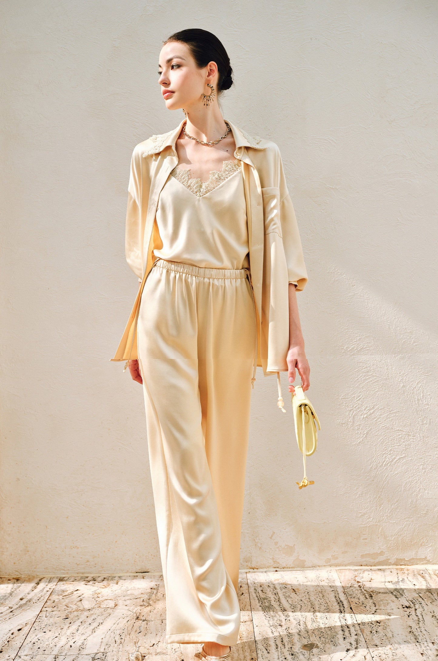 WANGXO | Hemp-Textured Acetate Satin  ight Luxury Lace Suspender, Shirt & Trousers Three-Piece Set- SARI