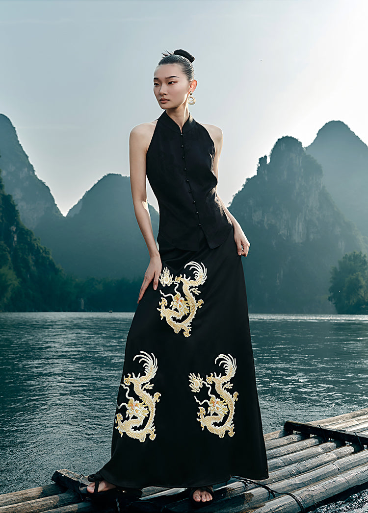 HECO Chinese Embroidery Golden Dragon Acetate Skirt - ALPHA.