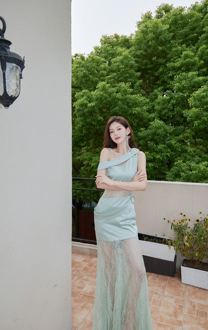 DOLLY Luxury Mint Slant Collar Sleeveless High Waist Long Fish Tail Lace Dress-LARISA