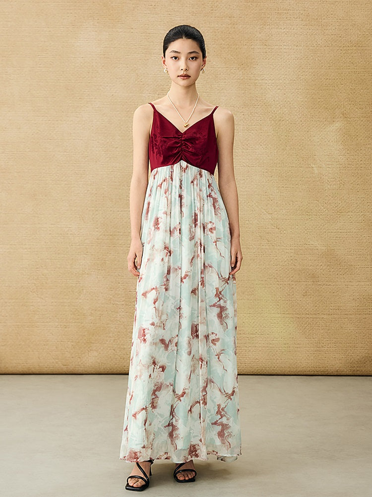 HECO Chinese V-neck camisole chiffon print long dress - BUSE.
