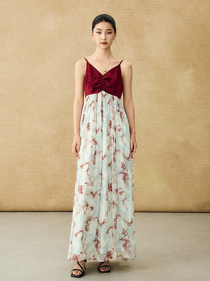 HECO Chinese V-neck camisole chiffon print long dress - BUSE.