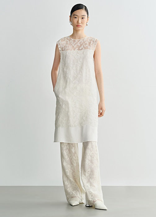 COMME MOI Silk Embroidered Panelled Straight white Pants - ISAIAH.