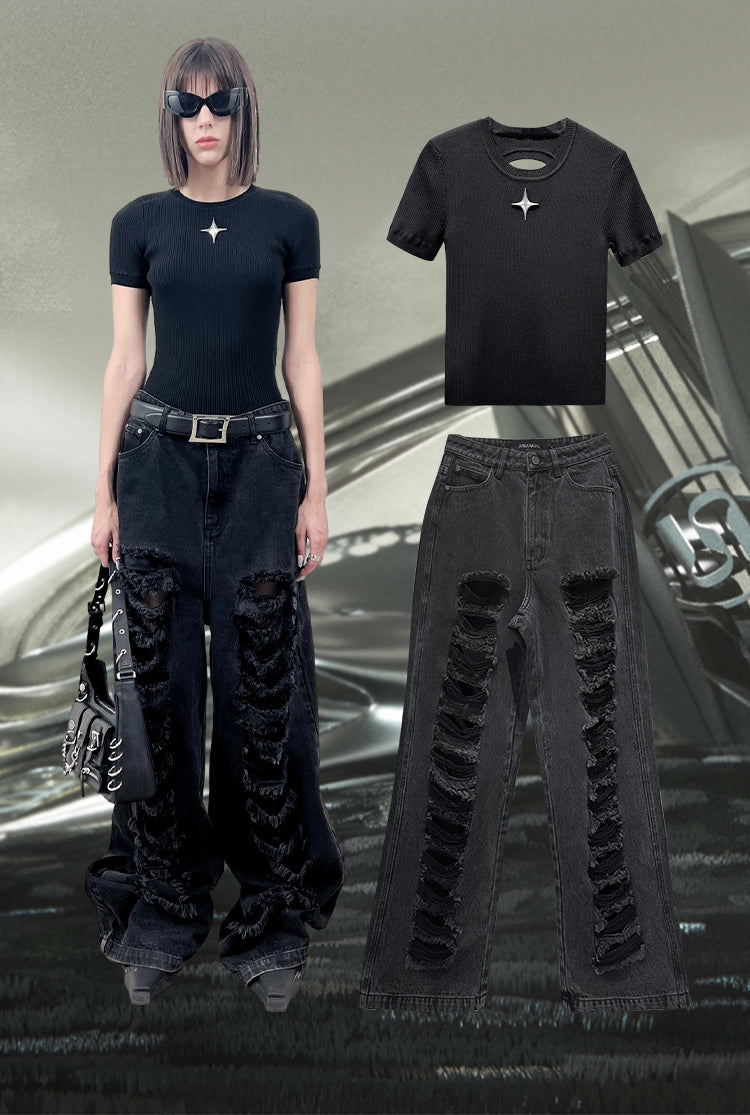 ANNAKIKI  Designer Women's Niche Black Ripped Distressed Jeans Wide-leg Pants-SPIKE