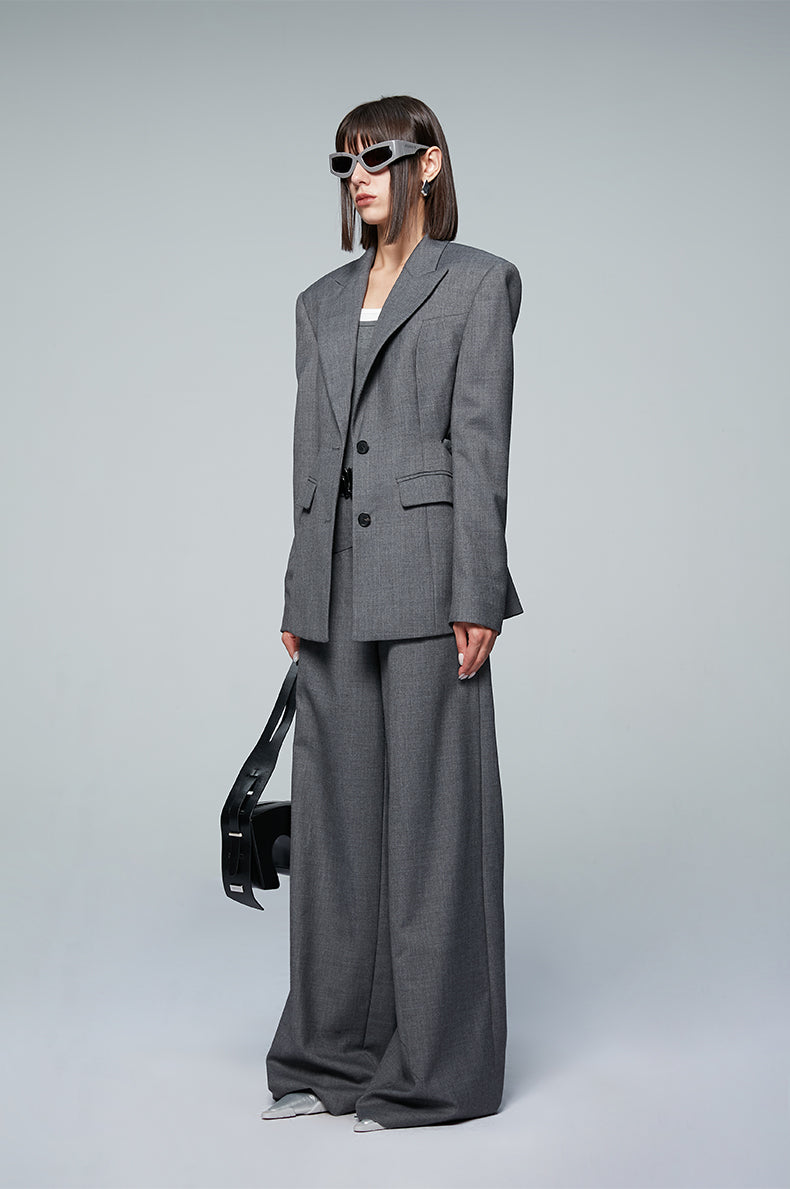 ANNAKIKI Gray Worsted Wool Wide-leg Pants Casual Pants-DEMI