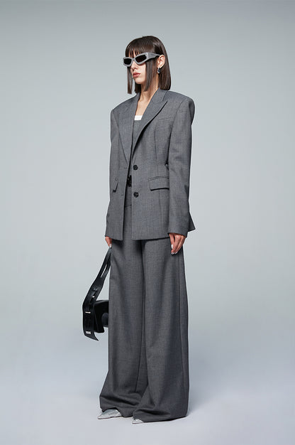 ANNAKIKI Gray Worsted Wool Wide-leg Pants Casual Pants-DEMI
