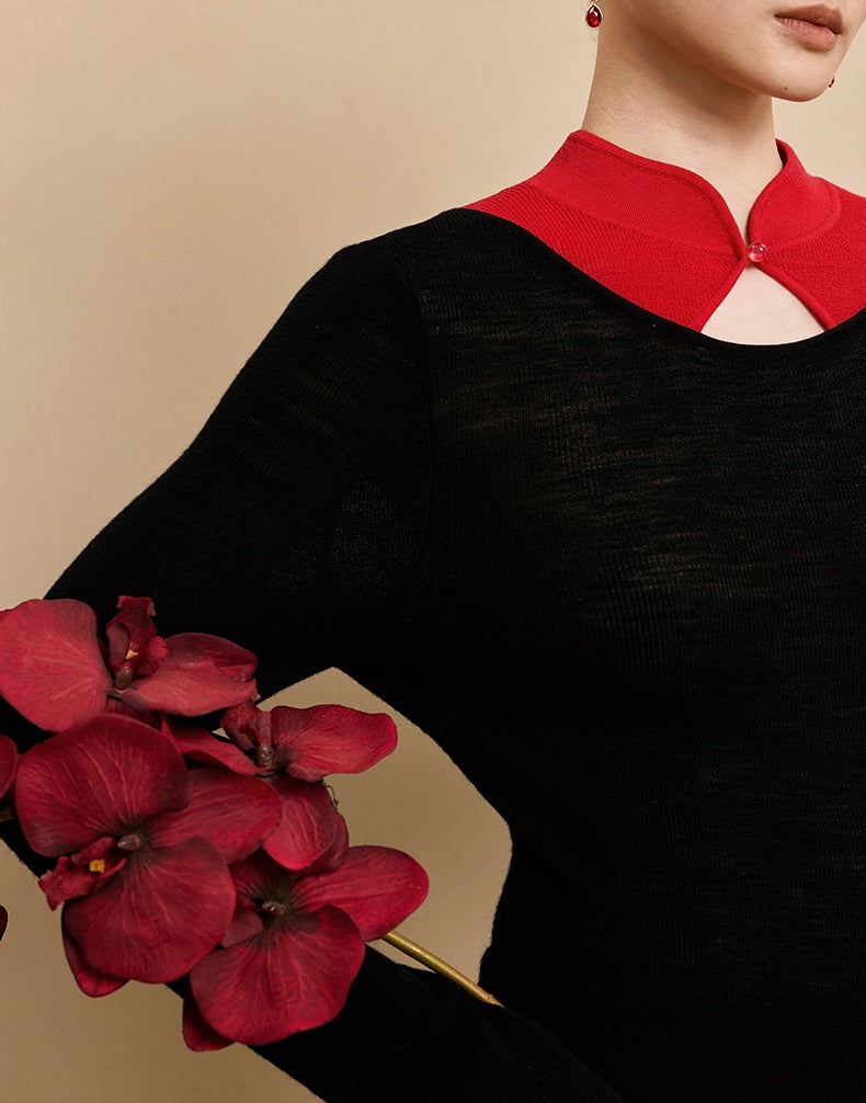 HECO 100% wool knit  black SWEATER hollow long sleeves spring - BRAY.